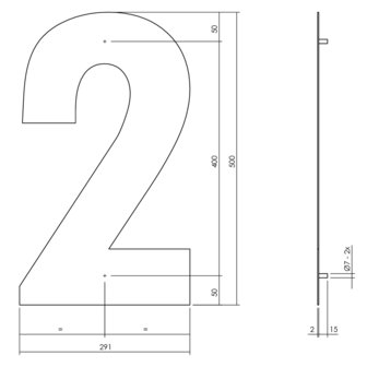 Groot huisnummer: 2 (50cm) RVS mat geborsteld