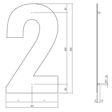 Groot huisnummer: 2 (50cm) RVS mat geborsteld